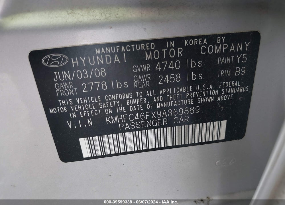 2009 HYUNDAI AZERA LIMITED VIN: KMHFC46FX9A369889