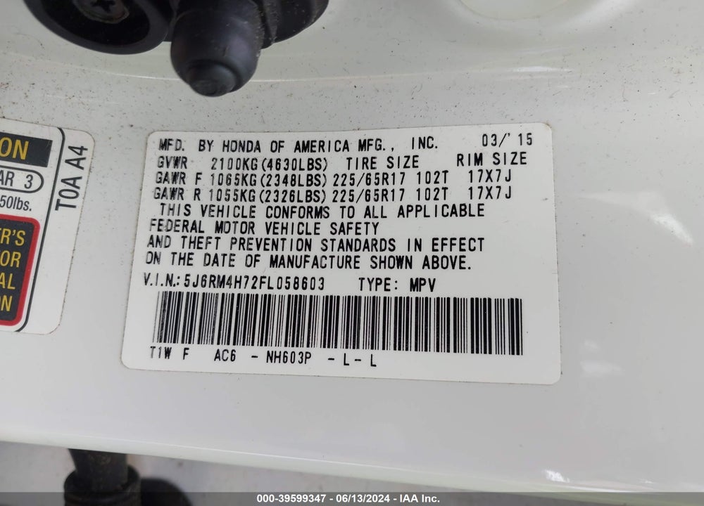 2015 HONDA CR-V EX-L VIN: 5J6RM4H72FL058603
