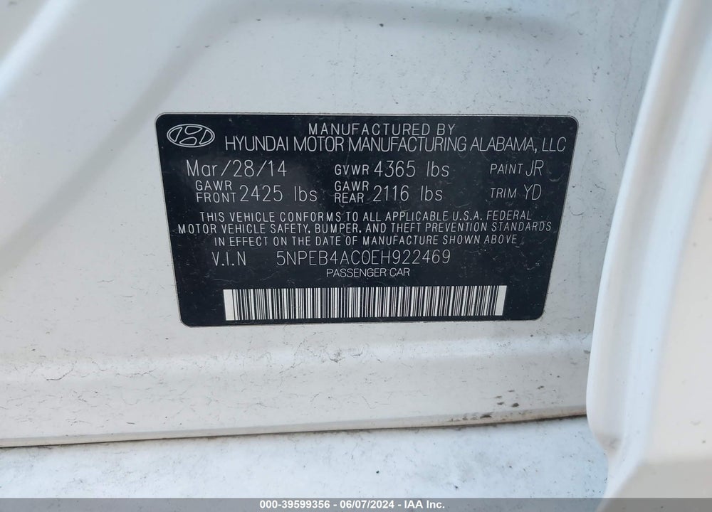 2014 HYUNDAI SONATA GLS VIN: 5NPEB4AC0EH922469
