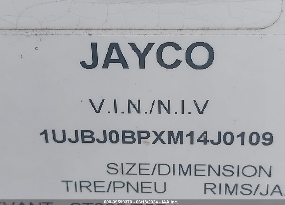 2021 JAYCO WHITEHAWK VIN: 1UJBJ0BPXM14J0109