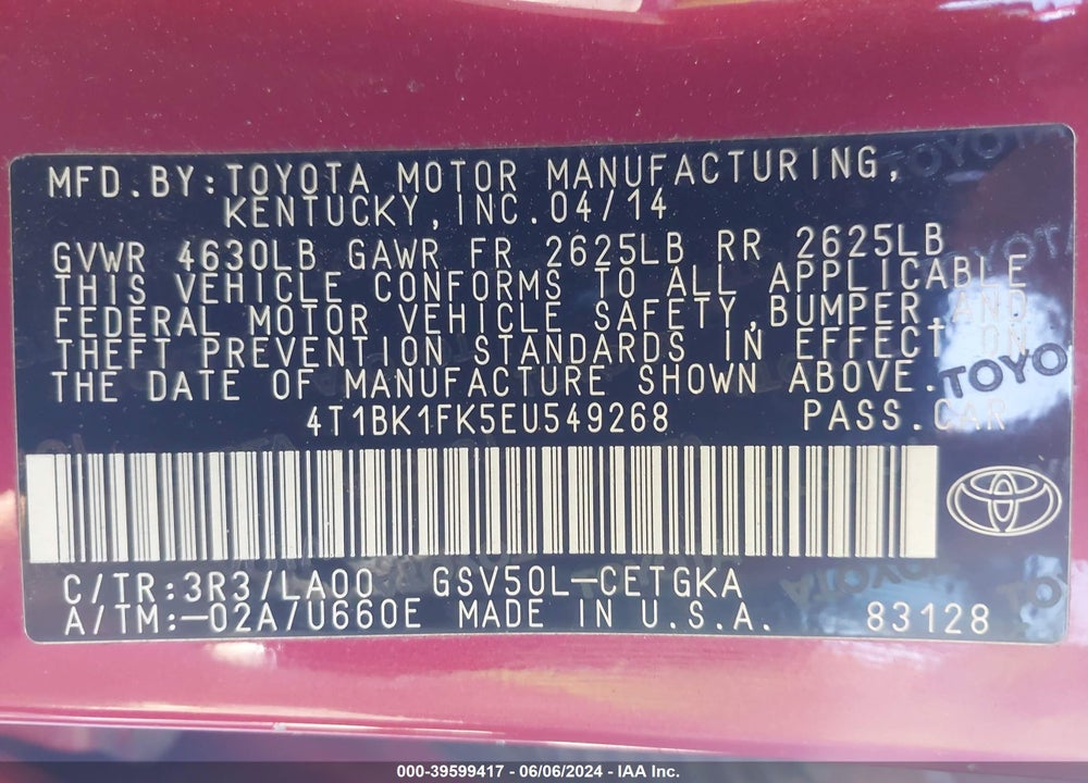 2014 TOYOTA CAMRY VIN: 4T1BK1FK5EU549268