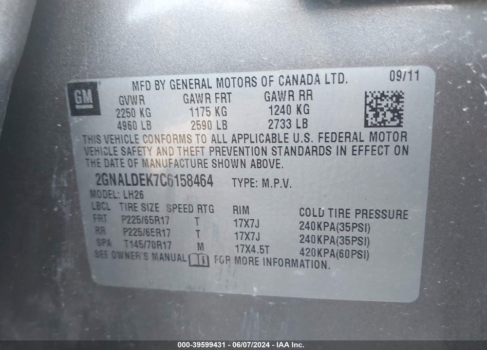2012 CHEVROLET EQUINOX 1LT VIN: 2GNALDEK7C6158464