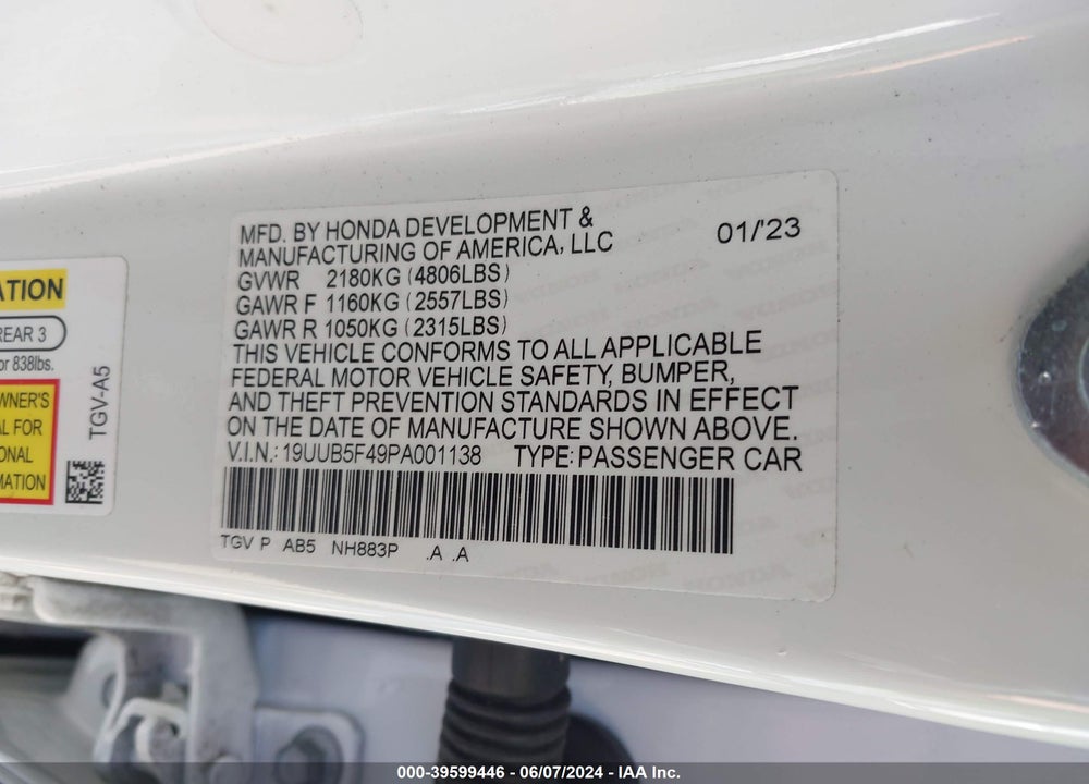 2023 ACURA TLX TECHNOLOGY PACKAGE VIN: 19UUB5F49PA001138
