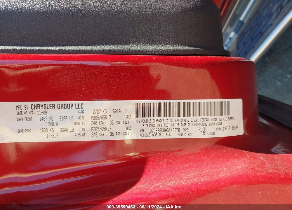 2010 DODGE DAKOTA BIGHORN/LONESTAR VIN: 1D7CE3GK8AS143278