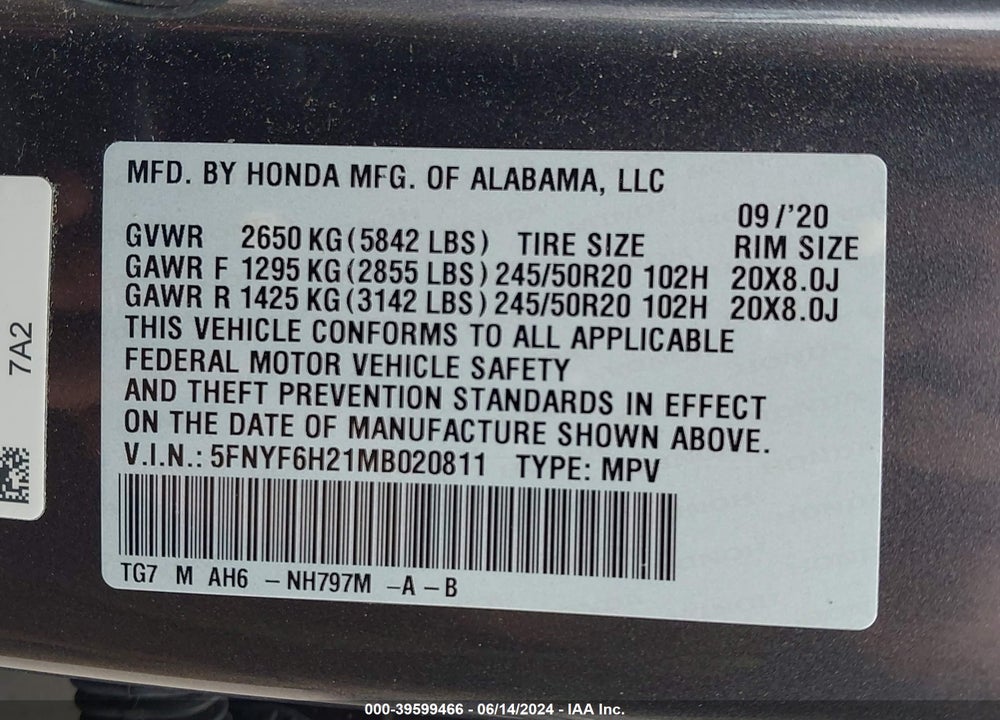 2021 HONDA PILOT AWD SPECIAL EDITION VIN: 5FNYF6H21MB020811