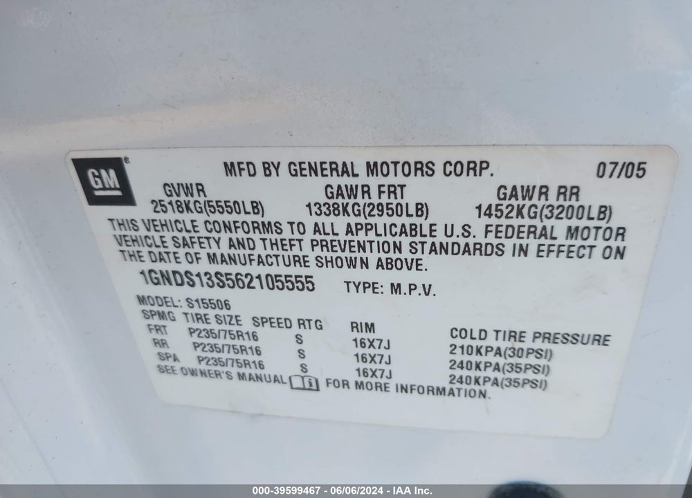 2006 CHEVROLET TRAILBLAZER VIN: 1GNDS13S562105555