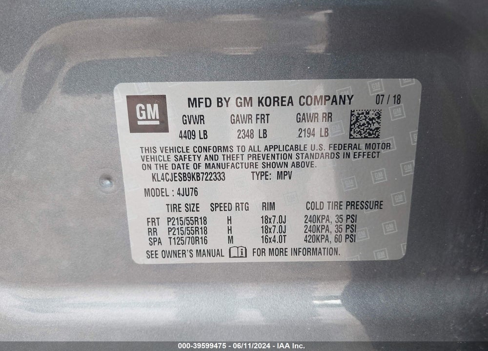 2019 BUICK ENCORE AWD PREFERRED VIN: KL4CJESB9KB722333