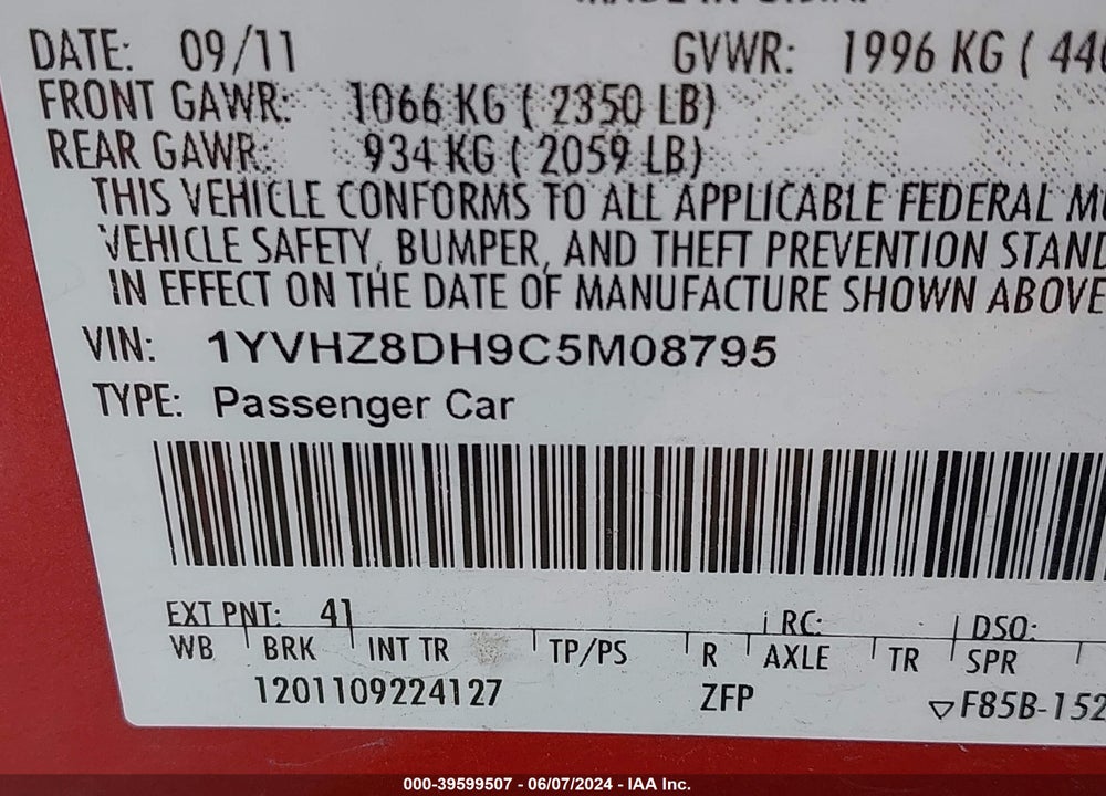 2012 MAZDA MAZDA6 VIN: 1YVHZ8DH9C5M08795