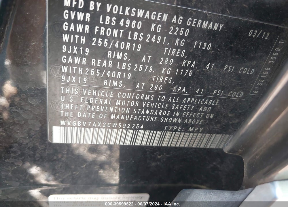 2012 VOLKSWAGEN TIGUAN SEL VIN: WVGBV7AX2CW592254