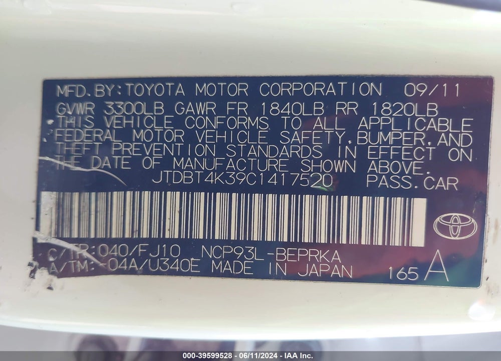 2012 TOYOTA YARIS VIN: JTDBT4K39C1417520