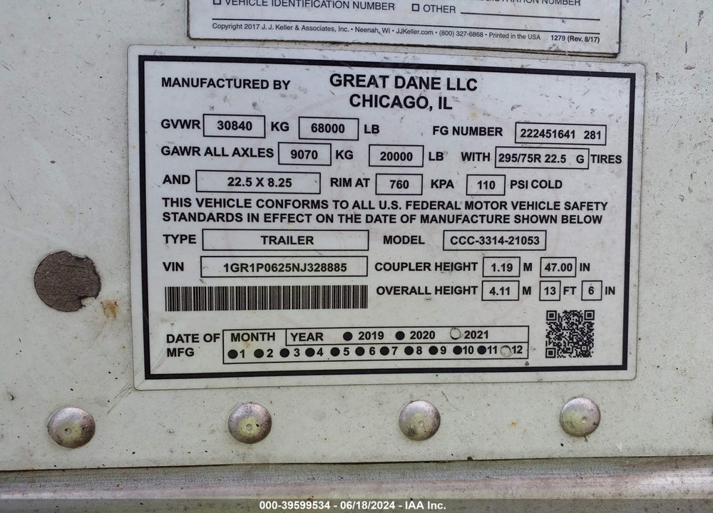 2022 GREAT DANE TRAILERS --- VIN: 1GR1P0625NJ328885