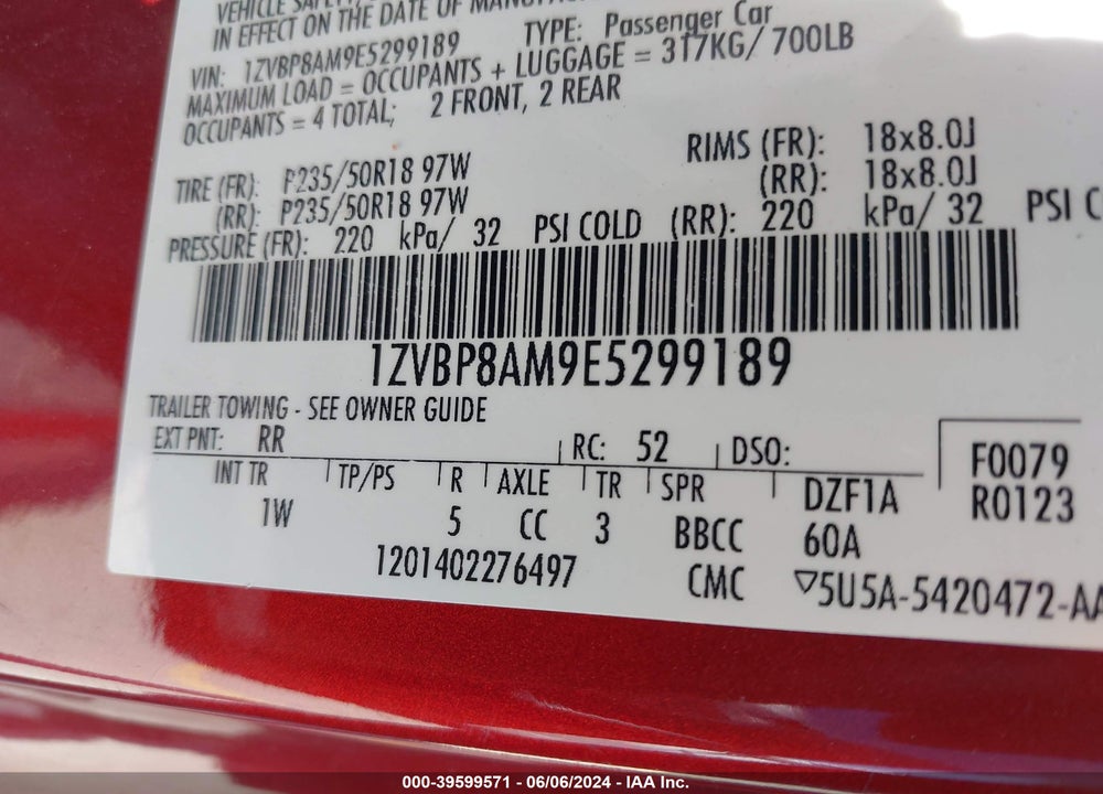 2014 FORD MUSTANG V6 VIN: 1ZVBP8AM9E5299189