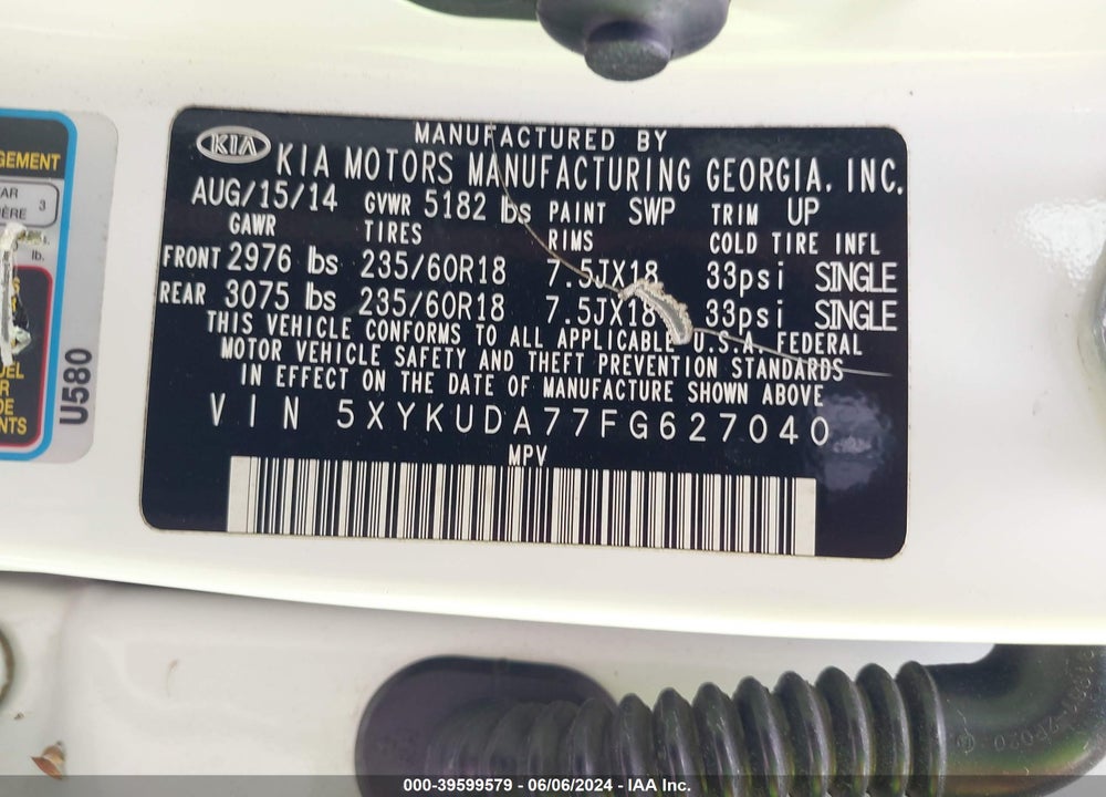 2015 KIA SORENTO EX V6 VIN: 5XYKUDA77FG627040