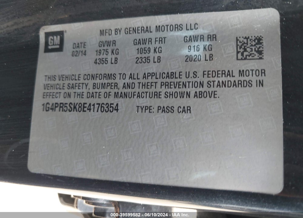 2014 BUICK VERANO CONVENIENCE GROUP VIN: 1G4PR5SK8E4176354