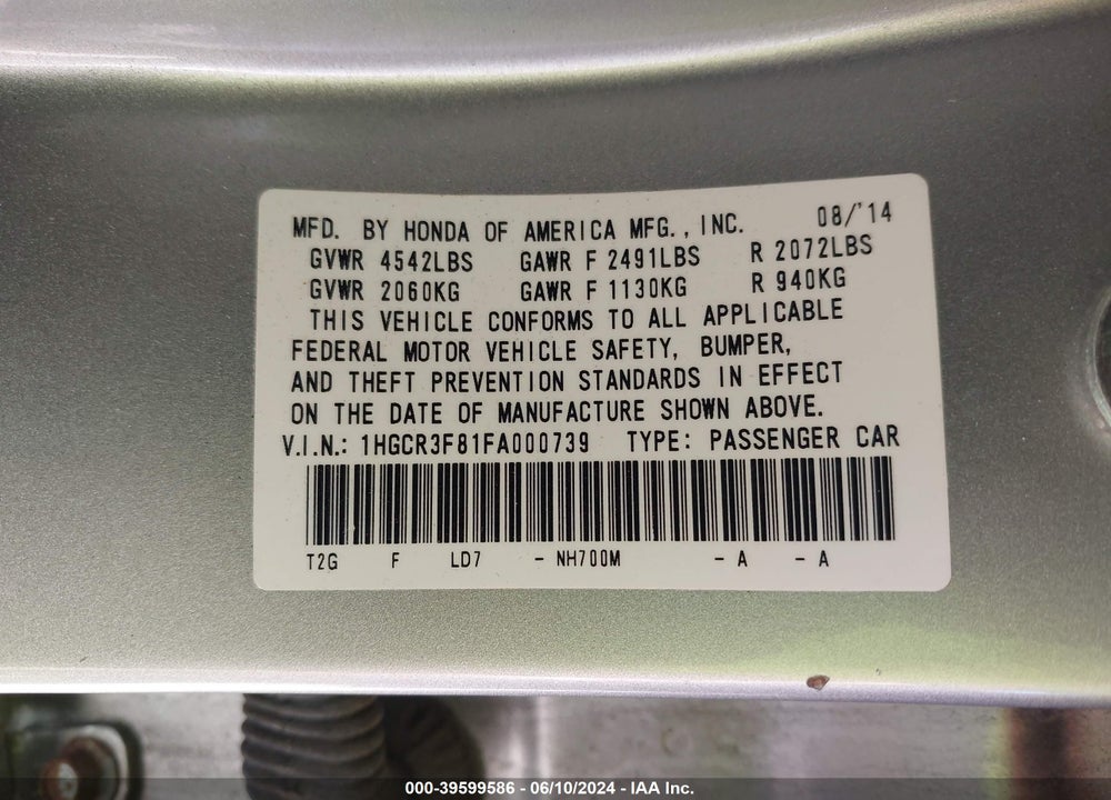 2015 HONDA ACCORD EX-L V-6 VIN: 1HGCR3F81FA000739