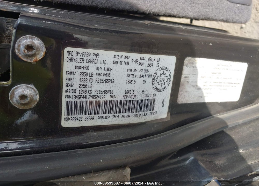 2000 DODGE GRAND CARAVAN SE VIN: 1B4GP44L2YB524107