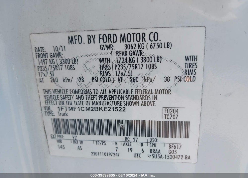 2011 FORD F-150 XL VIN: 1FTMF1CM2BKE21522