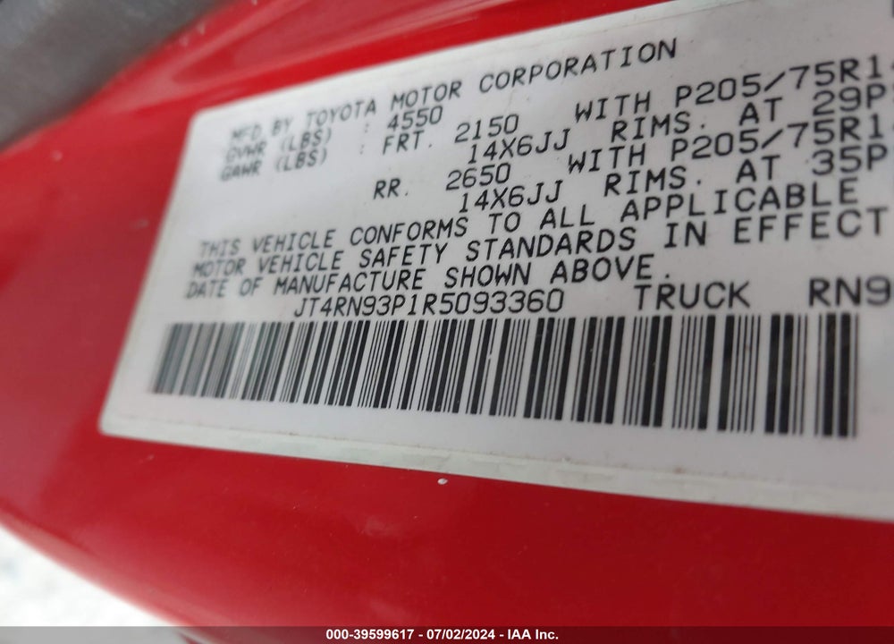 1994 TOYOTA PICKUP 1/2 TON EX LNG WHLBASE/DX VIN: JT4RN93P1R5093360