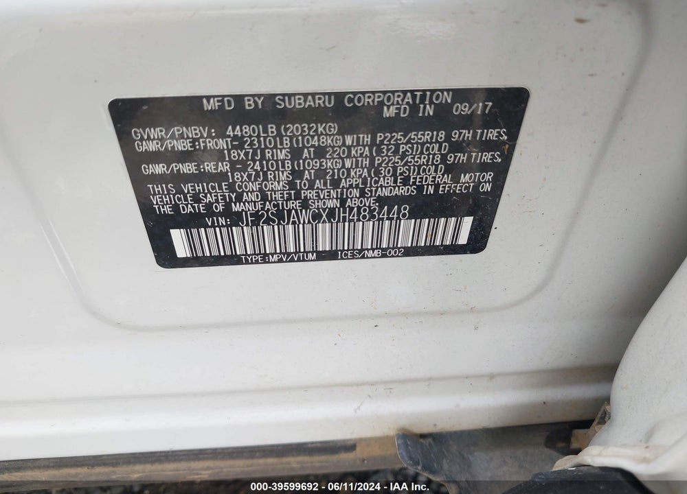 2018 SUBARU FORESTER 2.5I TOURING VIN: JF2SJAWCXJH483448