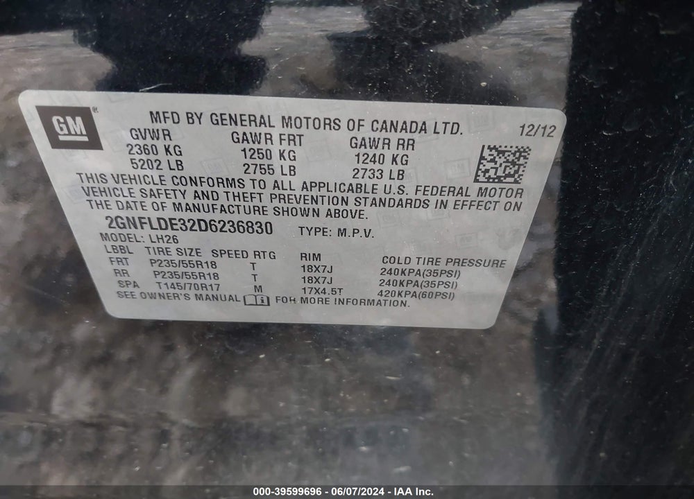 2013 CHEVROLET EQUINOX 1LT VIN: 2GNFLDE32D6236830