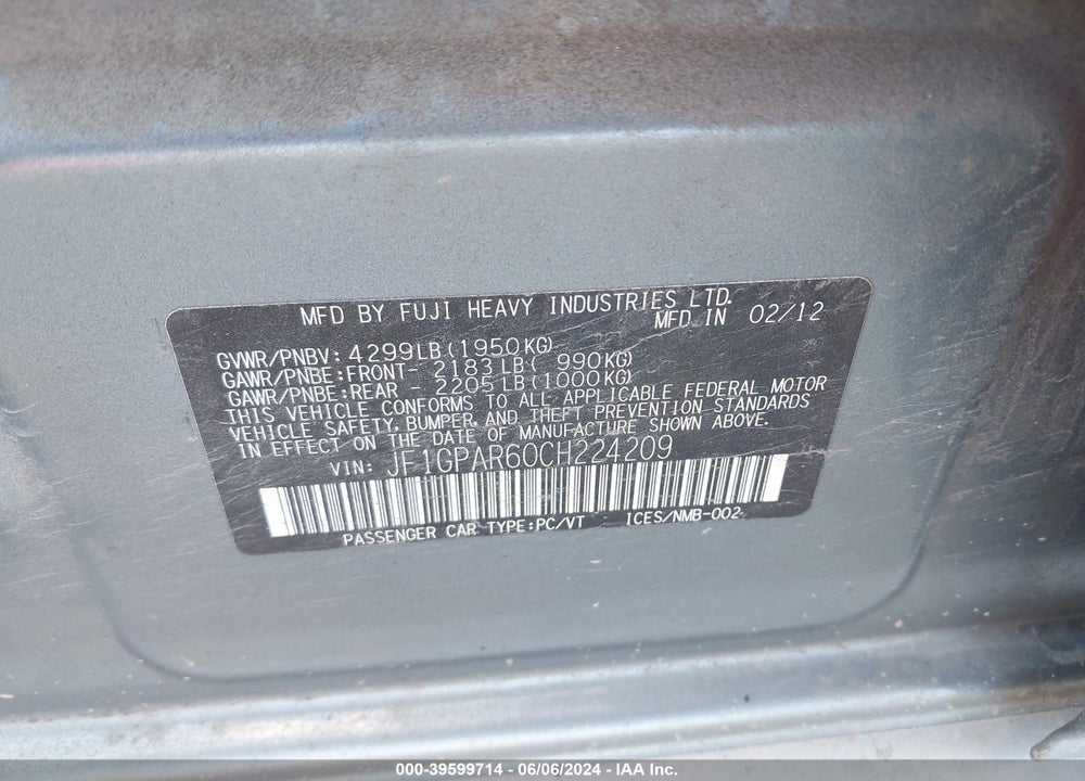 2012 SUBARU IMPREZA 2.0I SPORT LIMITED VIN: JF1GPAR60CH224209
