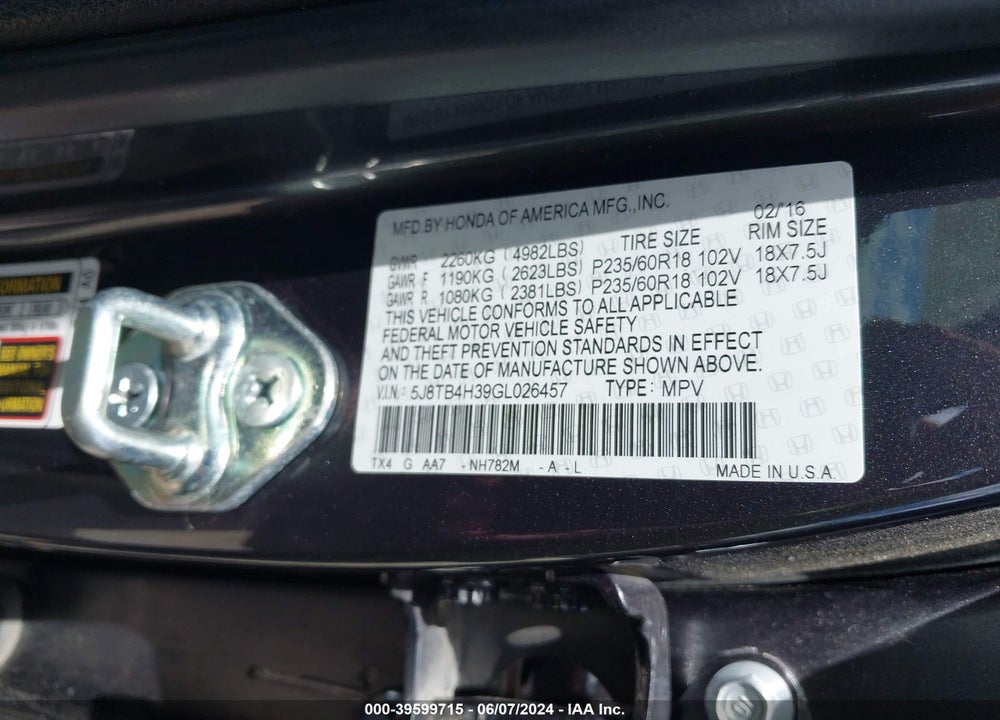 2016 ACURA RDX VIN: 5J8TB4H39GL026457