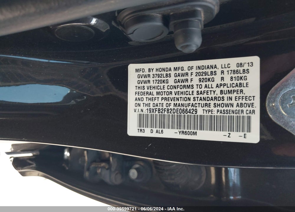 2013 HONDA CIVIC EX VIN: 19XFB2F82DE066429