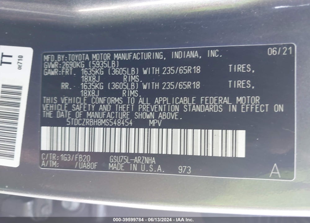 2021 TOYOTA HIGHLANDER L VIN: 5TDCZRBH8MS548454