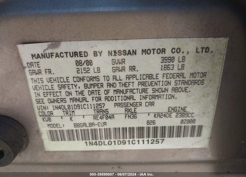 2001 NISSAN ALTIMA GXE VIN: 1N4DL01D91C111257