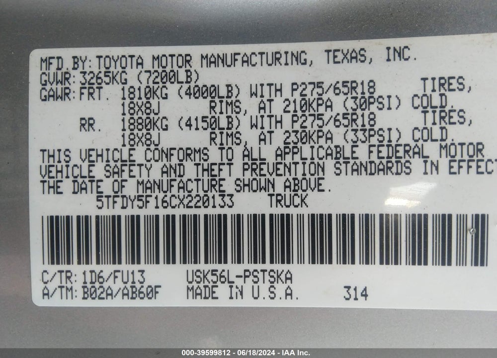 2012 TOYOTA TUNDRA GRADE 5.7L V8 VIN: 5TFDY5F16CX220133