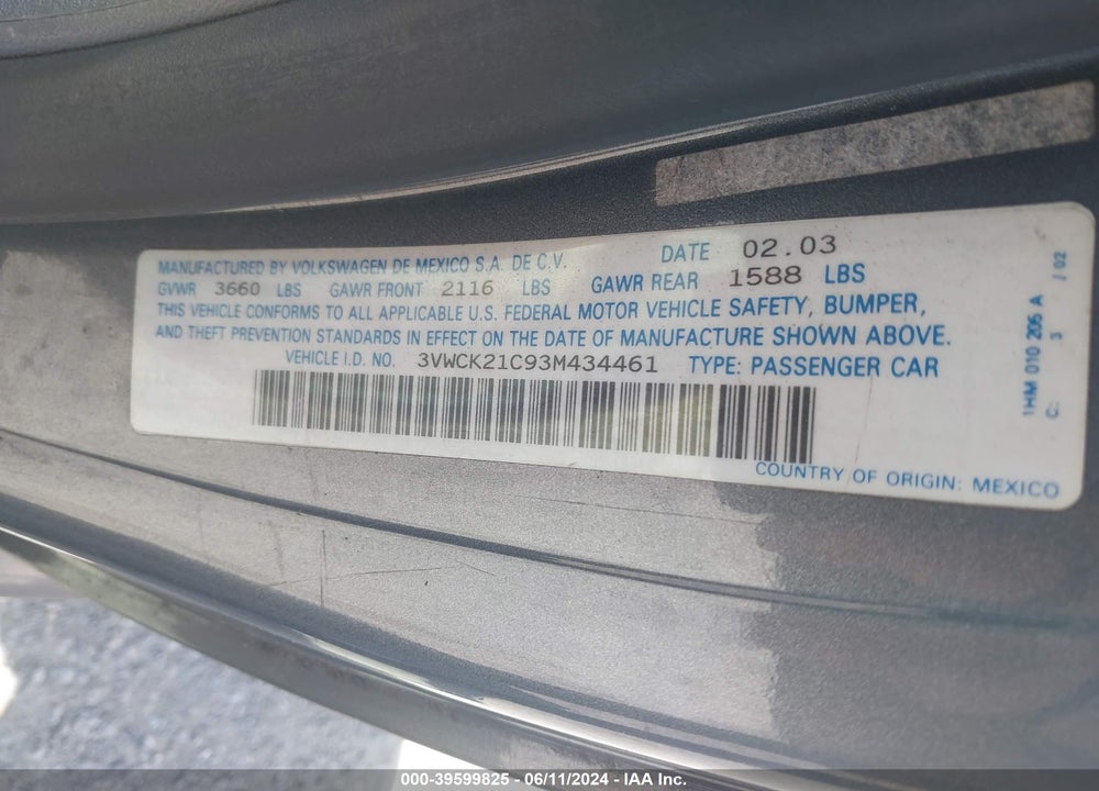 2003 VOLKSWAGEN NEW BEETLE GLS 2.0L VIN: 3VWCK21C93M434461