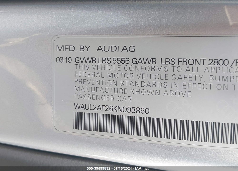 2019 AUDI A6 55 PREMIUM VIN: WAUL2AF26KN093860