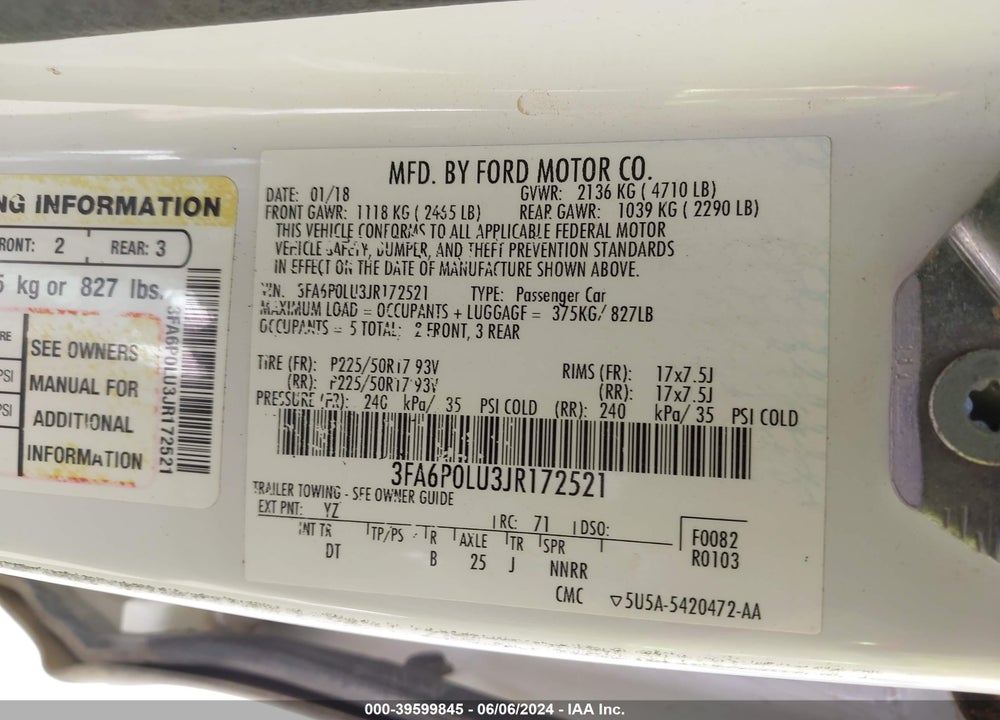 2018 FORD FUSION HYBRID SE VIN: 3FA6P0LU3JR172521