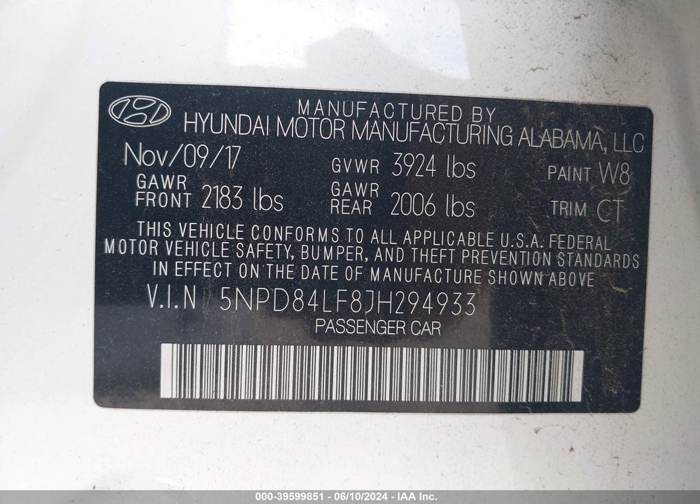 2018 HYUNDAI ELANTRA SEL VIN: 5NPD84LF8JH294933