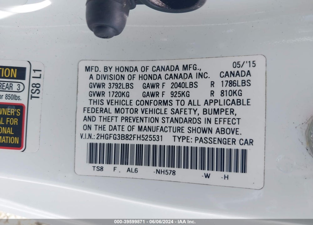 2015 HONDA CIVIC VIN: 2HGFG3B82FH525531