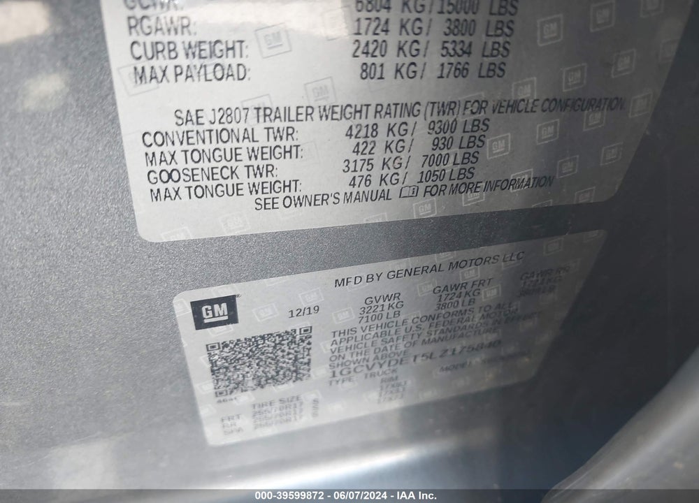 2020 CHEVROLET SILVERADO 1500 VIN: 1GCVYDET5LZ175840