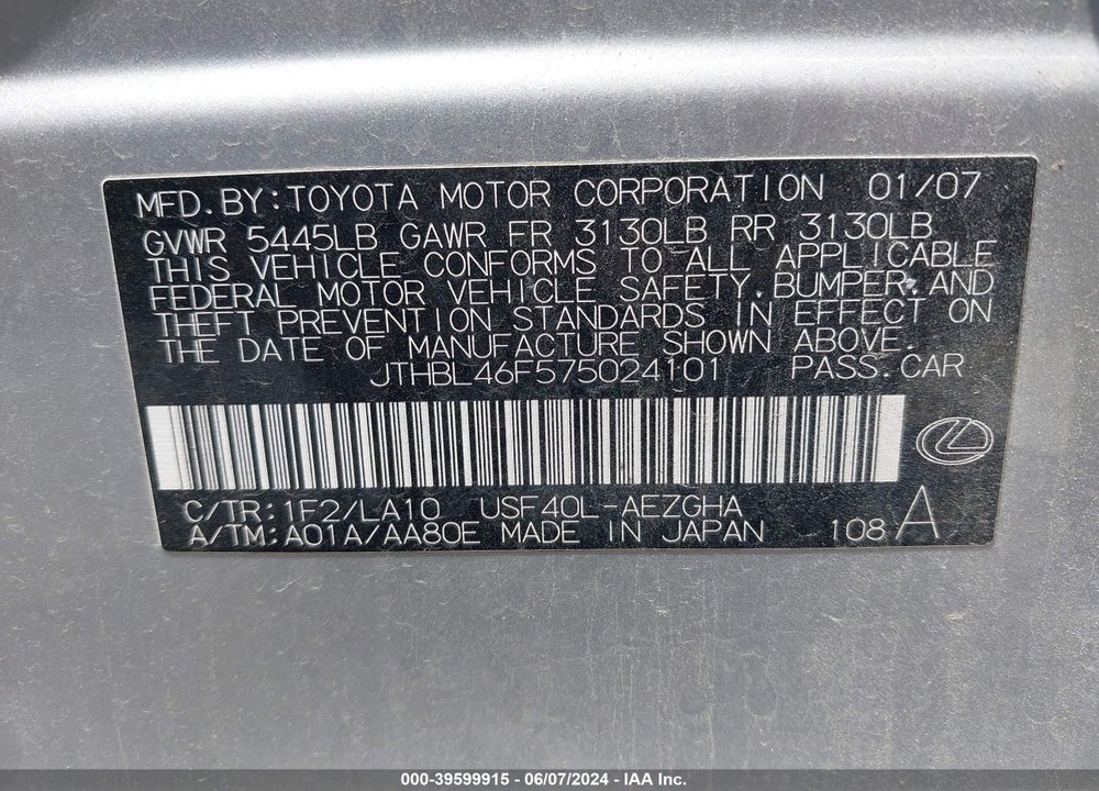 2007 LEXUS LS 460 VIN: JTHBL46F575024101