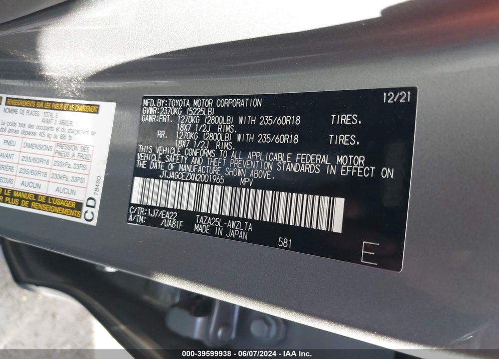 2022 LEXUS NX 350 VIN: JTJAGCEZXN2001965