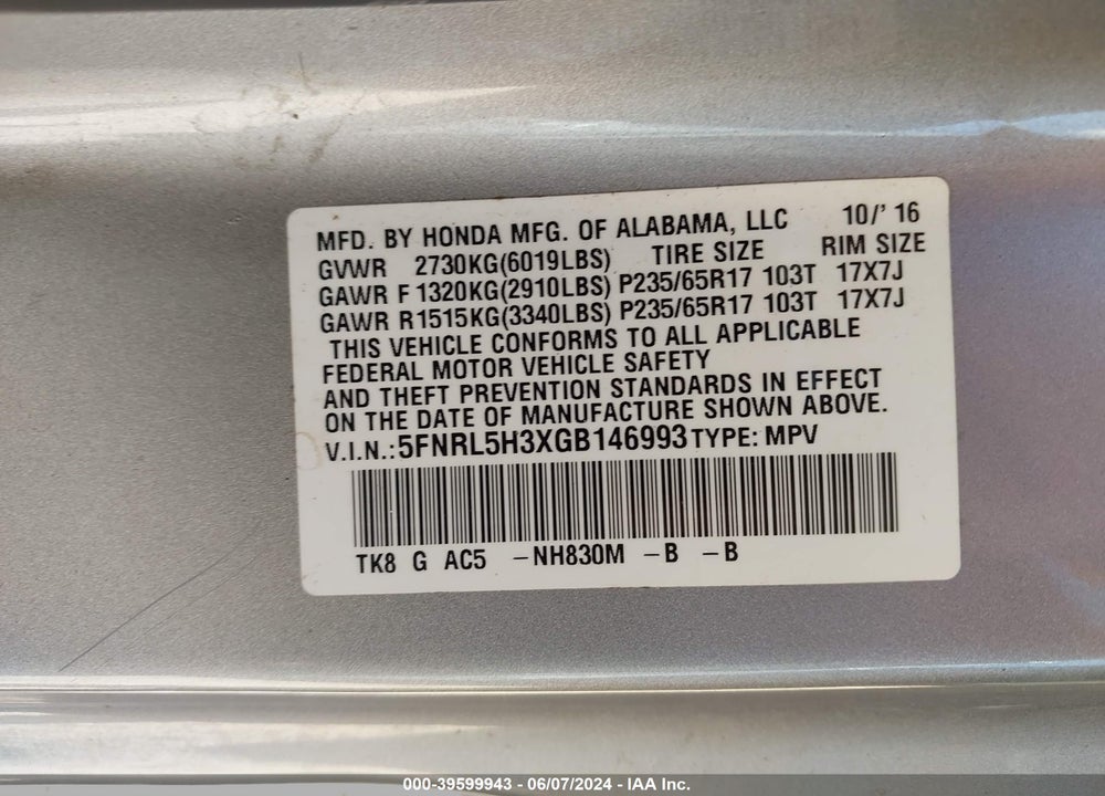 2016 HONDA ODYSSEY SE VIN: 5FNRL5H3XGB146993