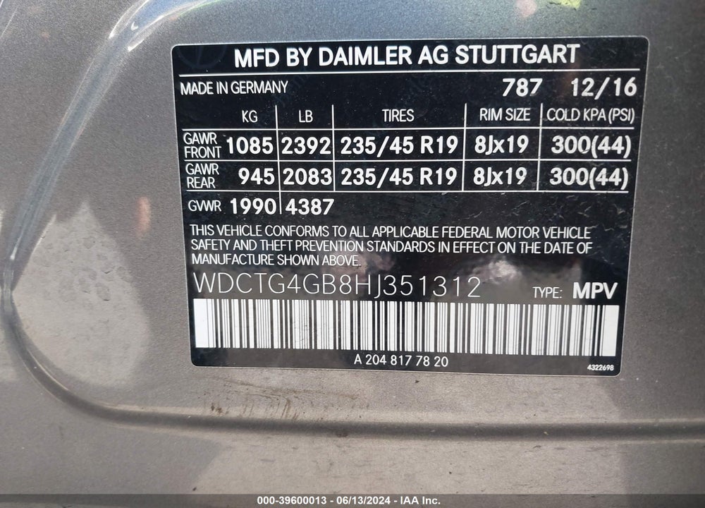 2017 MERCEDES-BENZ GLA 250 4MATIC VIN: WDCTG4GB8HJ351312