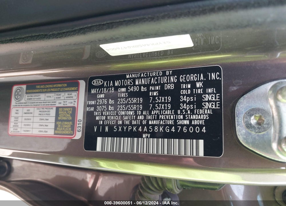 2019 KIA SORENTO 3.3L SXL VIN: 5XYPK4A58KG476004