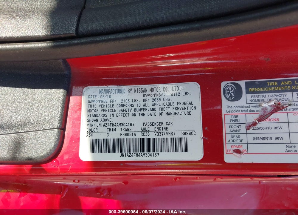 2010 NISSAN 370Z VIN: JN1AZ4FH4AM304167