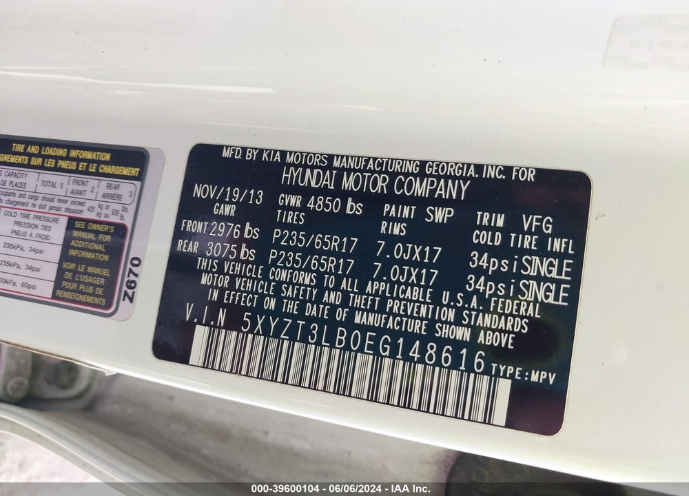 2014 HYUNDAI SANTA FE SPORT 2.4L VIN: 5XYZT3LB0EG148616