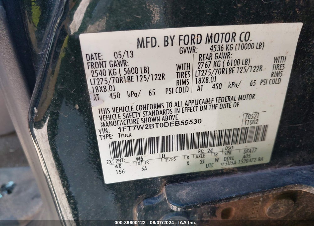 2013 FORD F-250 LARIAT VIN: 1FT7W2BT0DEB55530