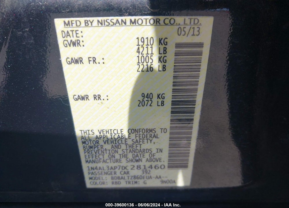 2013 NISSAN ALTIMA 2.5 SV VIN: 1N4AL3AP7DC281460