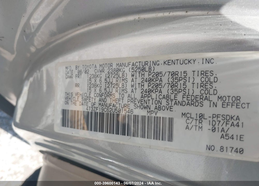 2002 TOYOTA SIENNA CE VIN: 4T3ZF19C62U501546