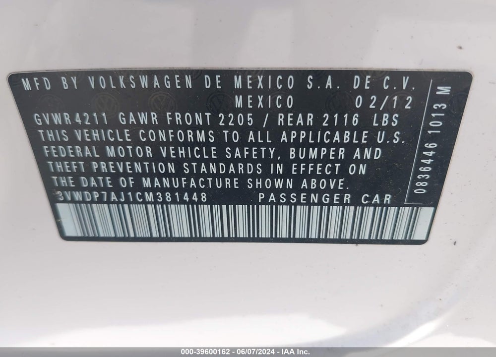 2012 VOLKSWAGEN JETTA 2.5L SE VIN: 3VWDP7AJ1CM381448