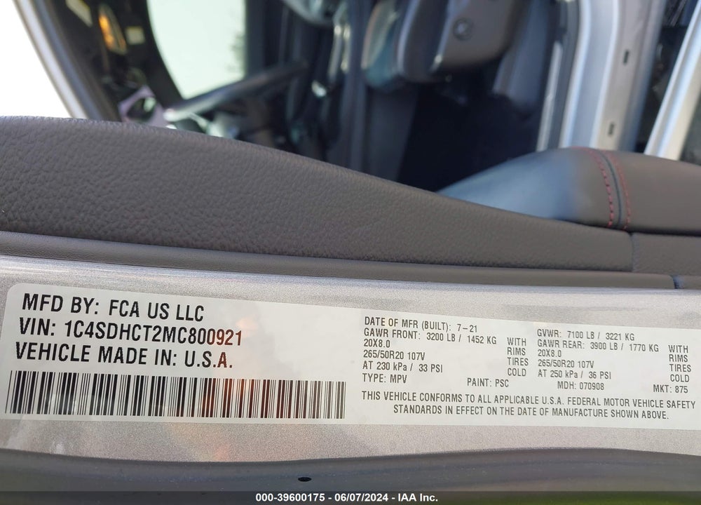 2021 DODGE DURANGO R/T RWD VIN: 1C4SDHCT2MC800921