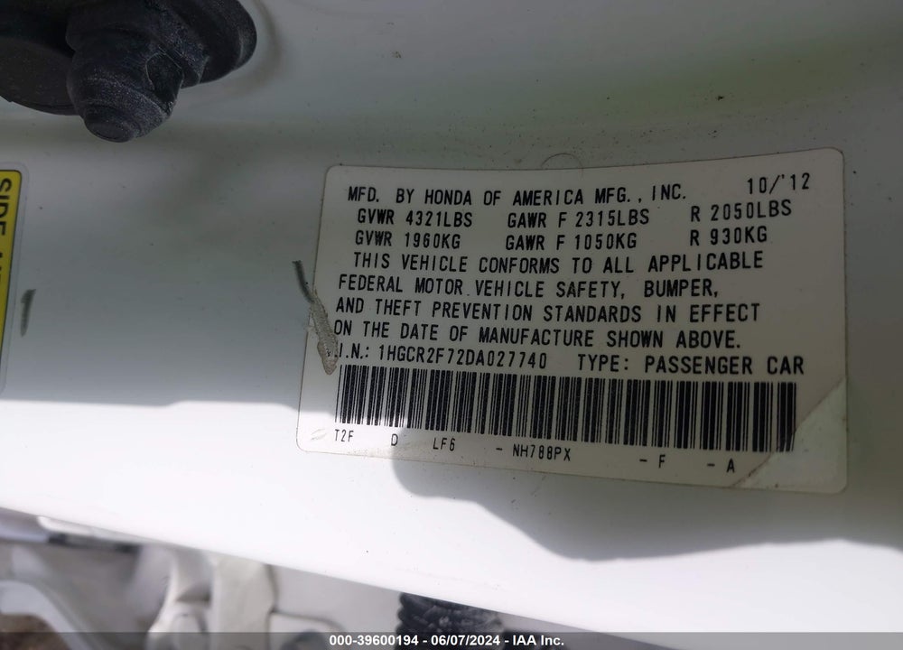 2013 HONDA ACCORD EX VIN: 1HGCR2F72DA027740