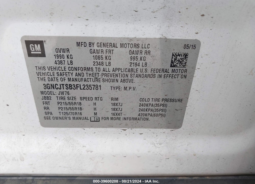 2015 CHEVROLET TRAX LTZ VIN: 3GNCJTSB3FL235781
